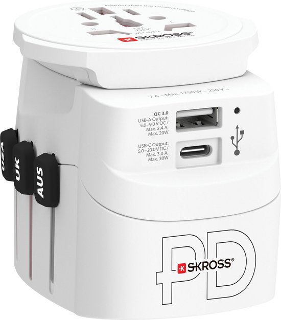Skross - Wereldreisadapter Pro Light met grondstekkers (geen Zwitserse en Italiaanse) + 1 USB + 1 Ty