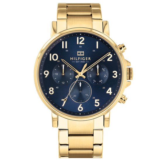 horloge, goud, metaal polsband, blauwe wijzerplaat, chronograaf