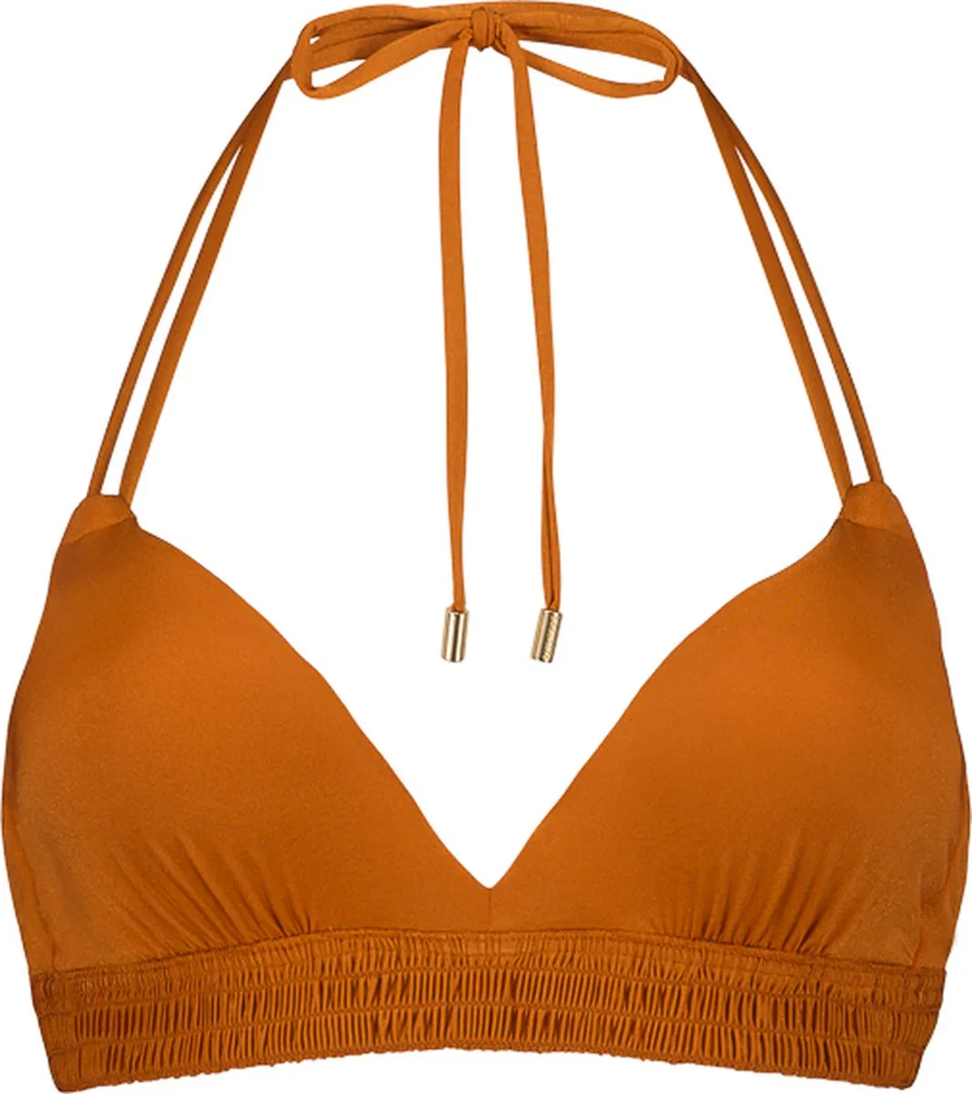 bikini top, oranje kleur, driehoekige cups, halternek, elastische zoom ruffleband