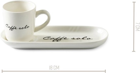 Riviera Maison Kop -en schotel, Espresso mok met tekst - Caffè Solo - Wit - Porselein - 85 ml - 2 st
