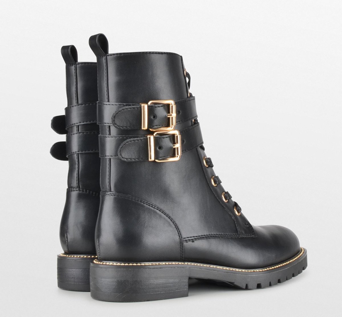 PS Poelman - maat 40- Dames - DUNGABALL PU Imitatieleren Biker Veter Laarzen Boots met Gouden Gespen