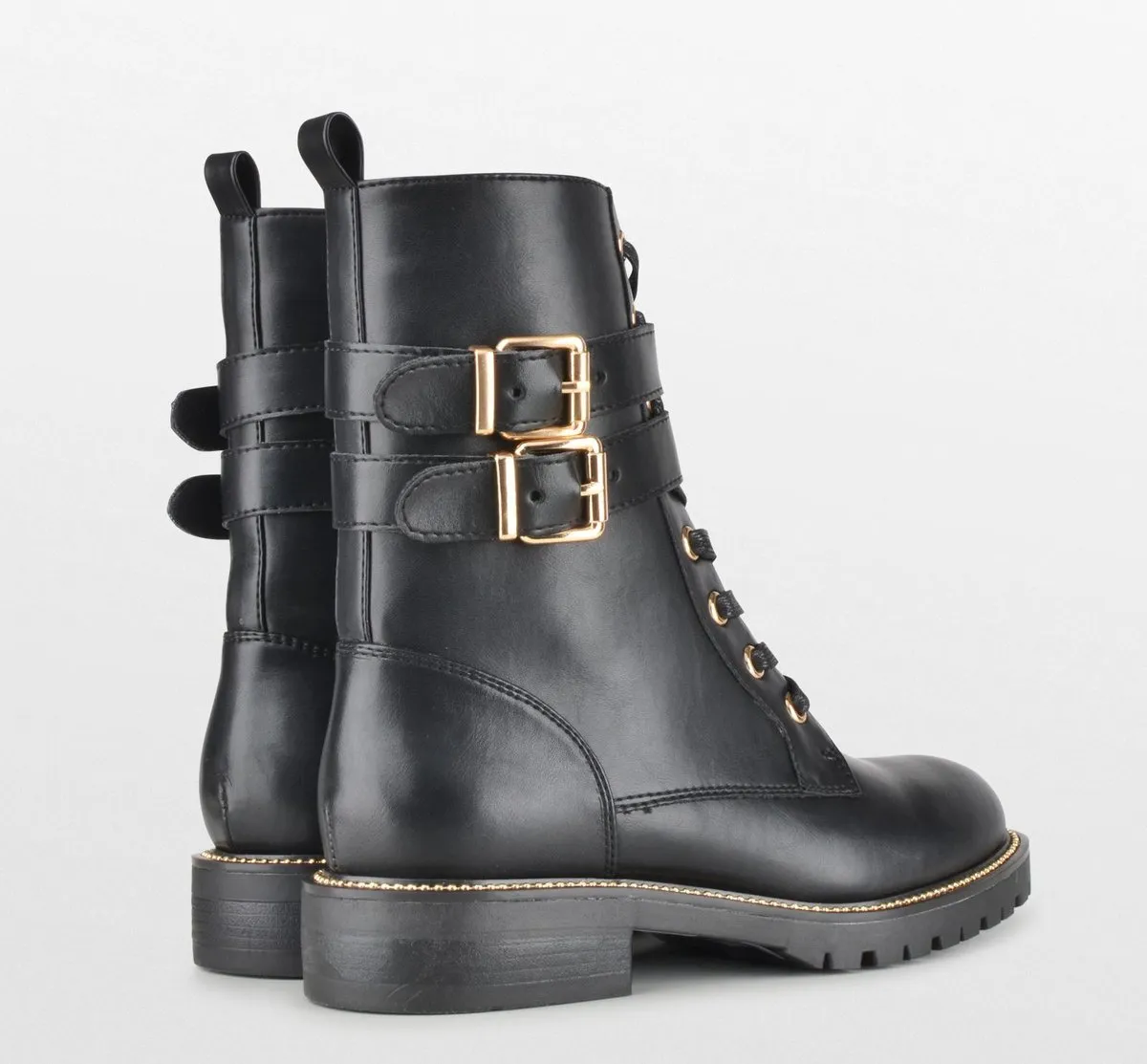 PS Poelman - maat 40- Dames - DUNGABALL PU Imitatieleren Biker Veter Laarzen Boots met Gouden Gespen
