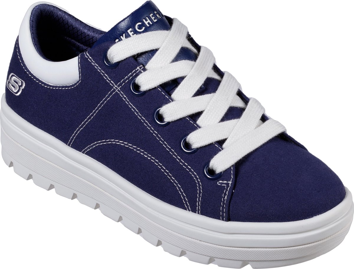 sneaker, donkerblauw, canvas, witte zool, veters