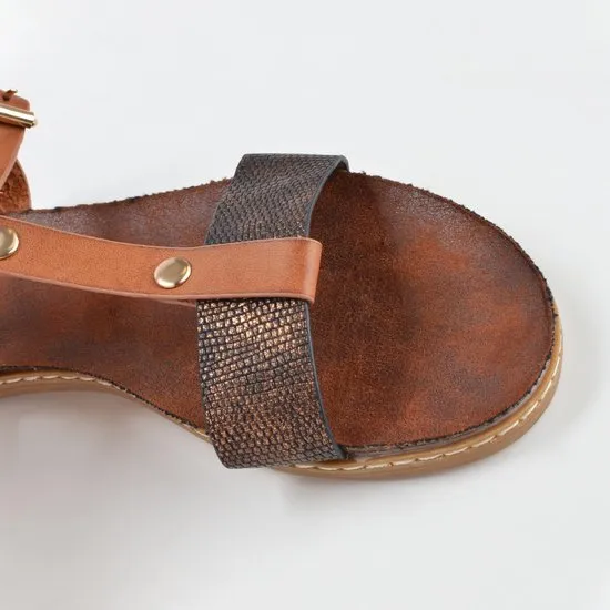 PS Poelman Dames Sandalen - Maat 40 - Lizzy - Cognac Bruin met Metallic Brons Snake Print