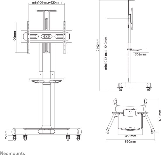 Neomounts NM-M1700BLACK verrijdbare TV standaard - 32-75" - hoogteverstelling 104,2-154,2 cm - manue