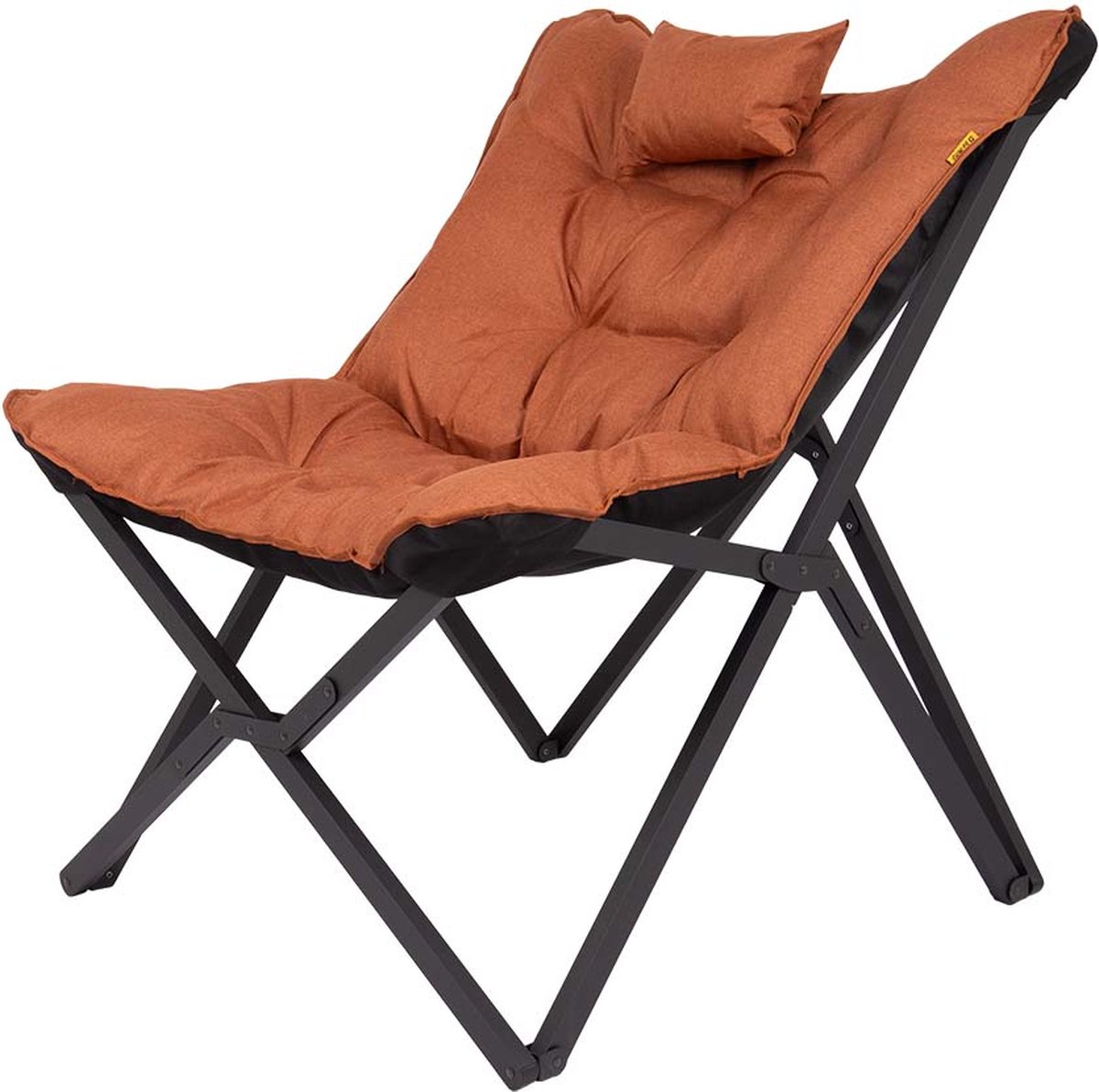 lounge chair, folding chair, orange cushion, metal frame, padded seat
