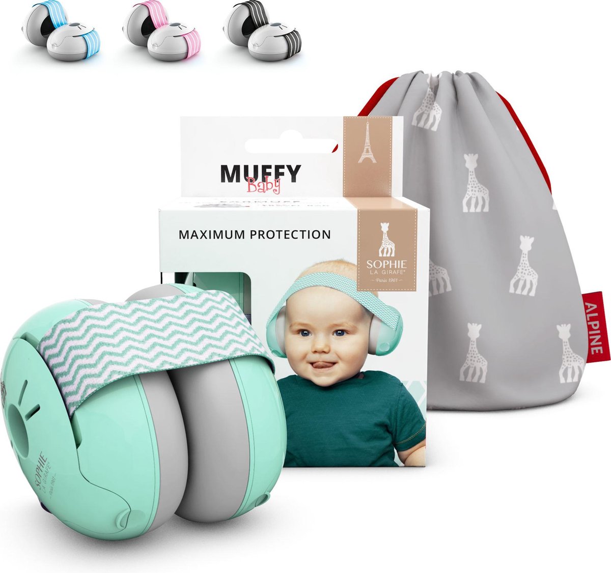 Alpine x Sophie La Girafe Muffy Baby Gehoorbescherming - Verstelbaar - SNR 23 dB - Turquoise