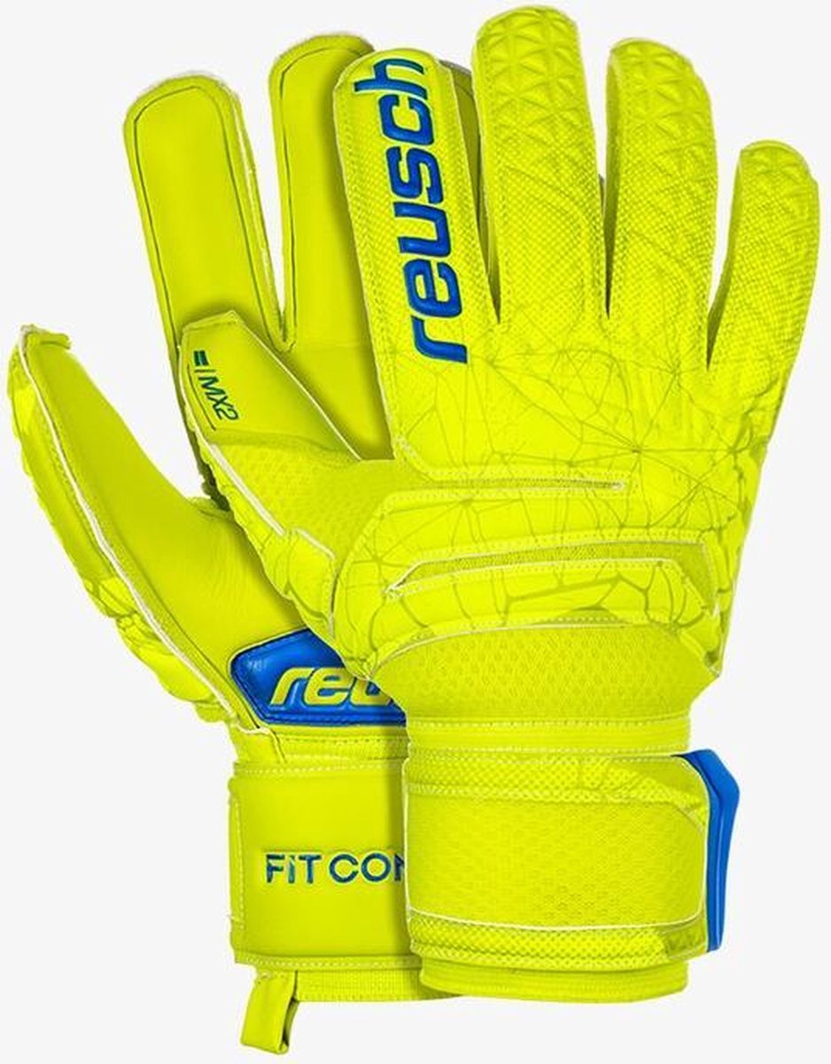 goalkeeper gloves, neon yellow, synthetic material, grip padding, blue accents