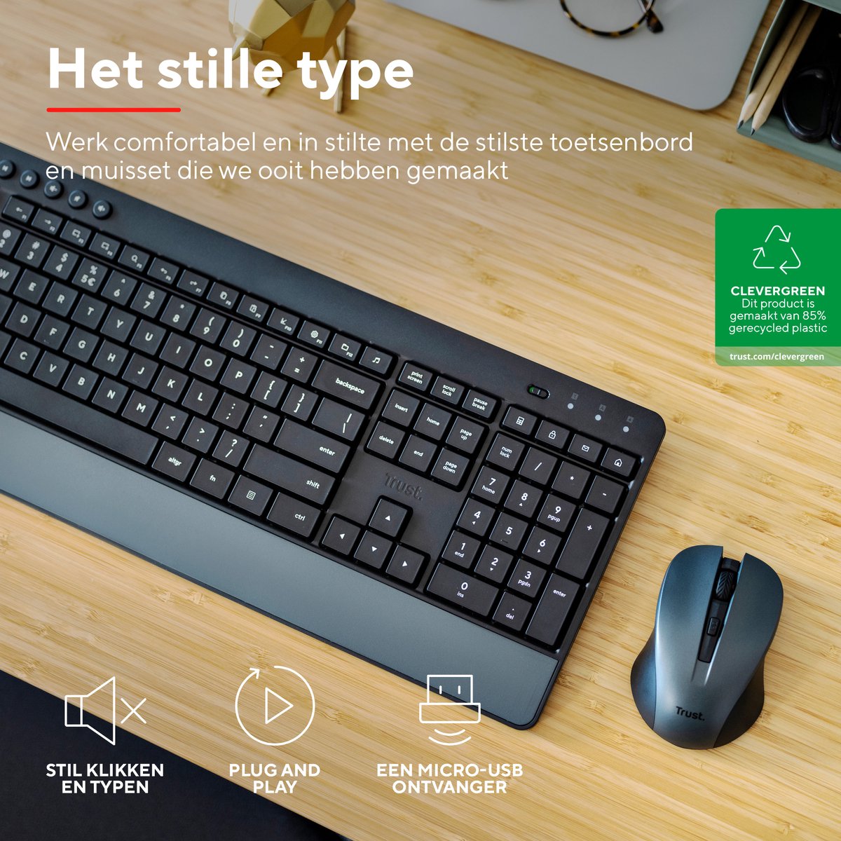 Trust Trezo draadloze deskset, uit gerecycleerd kunststof (azerty)