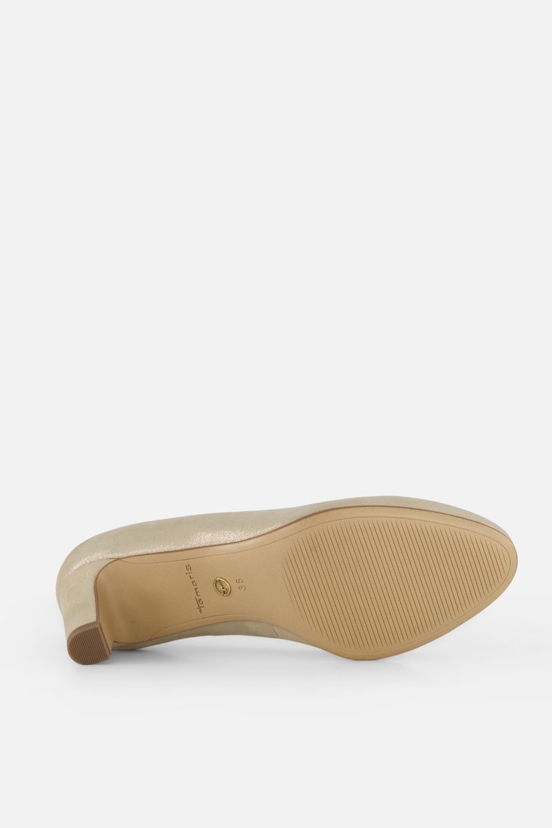 pumps, high heel, gold, metallic, sole rubber