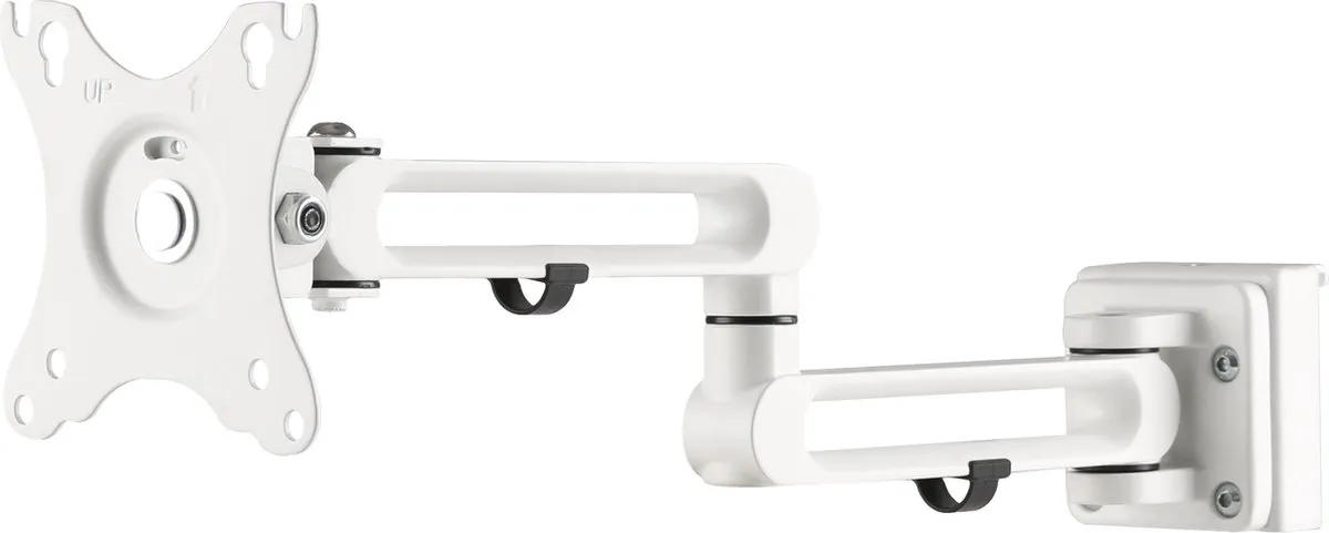 TV muurbeugel, monitormaat geschikt, verstelbare arm, witte kleur, klembeugel