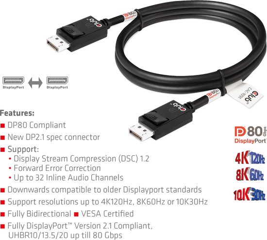 Club 3D DisplayPort™ 2.1 VESA DP™80-gecertificeerde kabel 4K240Hz, 8K60Hz of 10K60Hz M/M 1,2 m/3,94ft