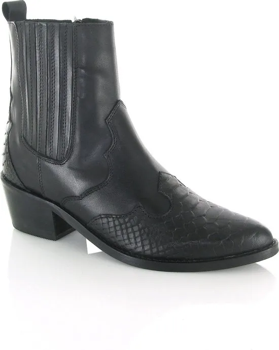 PS Poelman Leren Chelsea Enkellaarzen - Maat 38 - met Western Snake Print Details - Tartor - Zwart -