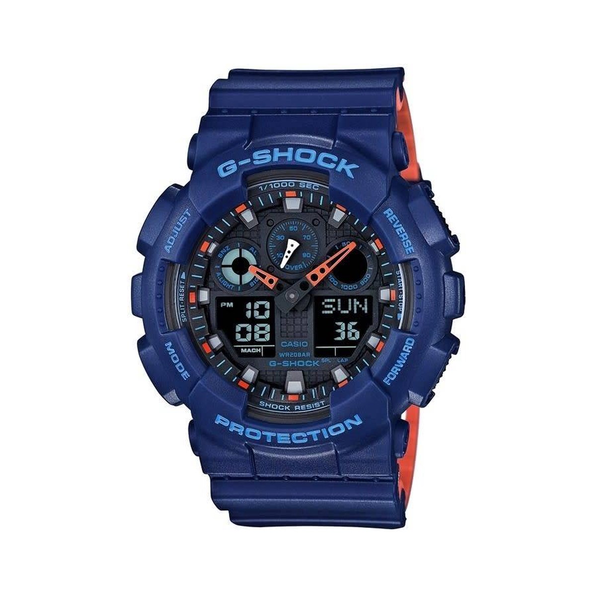 horloge, g-shock, digitaal-analoge, blauw, rood-accent