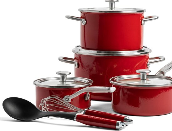 KitchenAid Steel Core Enamel pannenset 6-delig - Keizerrood - inductie - PFAS-vrij