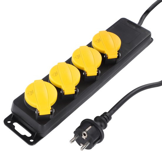 Stekkerdoos voor buiten- 4-voudig - Randaarde - Spatwaterdicht - 3 x 1.5 mm2 Neopreen kabel - 3 mete