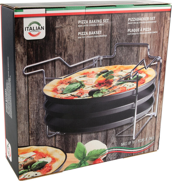 Pizzaplaat bakset met 3 bakplaten 29 cm - Pizza rek 3-delig - Pizzabakset met standaard - 3 pizzapla