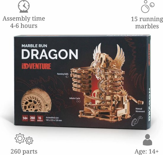 iDventure - Marble Run Dragon - Bouwpakket Knikkerbaan - Hout - 260 Onderdelen en 15 Metalen Knikker