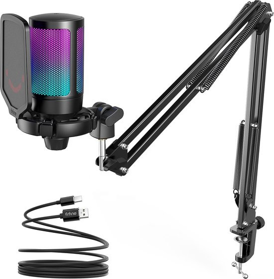 A6T - USB Gaming Microfoon - PC-Gaming Met Arm ( 66cm! ) - Geschikt voor PC/PS4/PS5 - RGB - Podcast