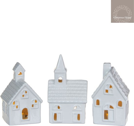 Incompleet - Christmas House - Kerstdecoratie - Huis 3 stuks op batterijen - 7x7x13 cm - Wit