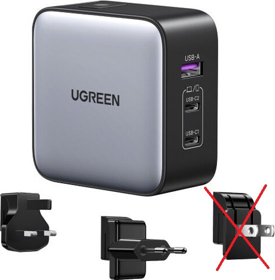 UGREEN Nexode 65W - GaN Snellader - Reislader US/UK/EU - USB-C oplader - USB C Charger 3-poorts PD l