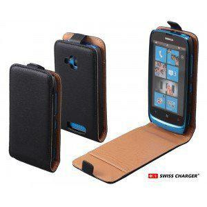 Swiss Charger Flip Case / Cover van zwart PU leer voor Nokia Lumia 610