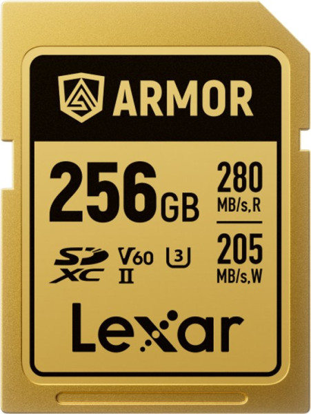 Lexar SDXC Pro Gold Series ARMOR UHS-II 256GB - Lezen 280MB/s, Schrijven 205MB/s - V60 - IP68 RVS