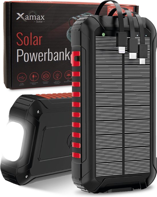 Merkloos Quickcharge Powerbank 30.000 mAh Op Zonne-energie / Solar - USB C, USB, Micro, Snellader - Draadloos