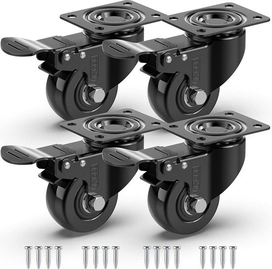 GBL® 4 x Zwenkwielen 50mm met Schroeven - Zwenkwielen Zwaar Rubberen Zwenkwielen voor Meubels - Wiel