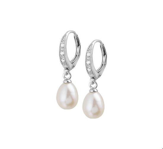 Glams oorhangers parel en zirkonia brisur haak - Zilver
