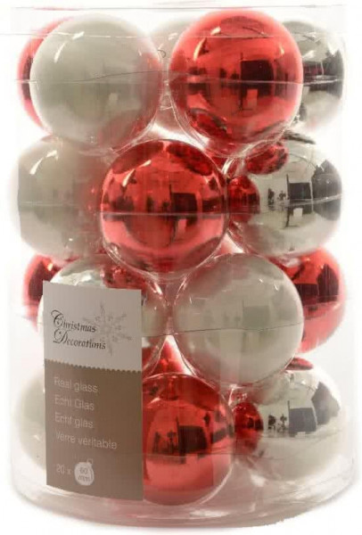 Glas Kerstballen Mix (6cm) Box 20 Stuks Rood-Witte Mix