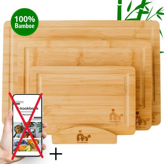 MyCuisine Bamboe Snijplanken Met Sapgeul - Snijplankenset met houder van hout - Inclusief E-Kookboek