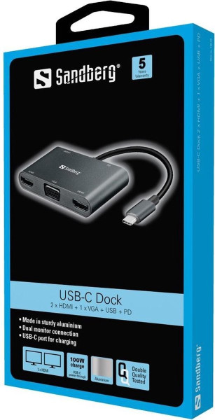 Sandberg USB-C Dock 2xHDMI+1xVGA+USB+PD