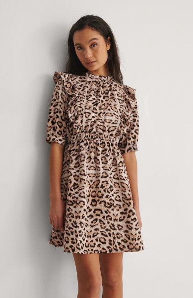 NA-KD - Maat EU 40 - High Neck Flounce Mini Vrouwen Jurk - Leopard