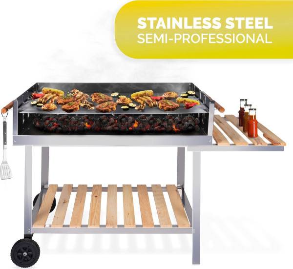 BBQ Collection Houtskool Barbecue – Trolley met Zijtafel – Grill op Wielen – RVS – 2 Roosters – 98 x