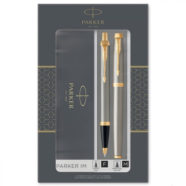 Parker IM Duo-geschenkset met balpen en Rollerbal pen | geborsteld metaal met gouden rand | Zwarte i