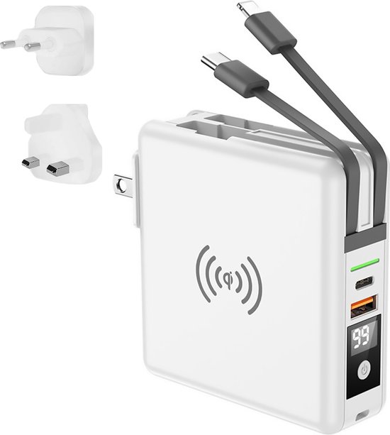 Merkloos 5 in 1 Powerbank Stekker – 10.000 mAh – Snellader – Reisstekker – Wereldstekker - Draadloze oplader