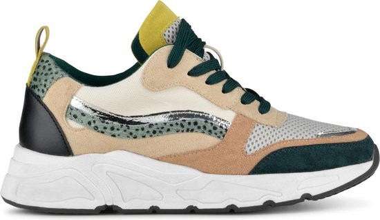 PS Poelman Caroce - Maat 40 - Dames Imitatie Leren Suède Runner Sneakers - Profielzool - Groen Beige