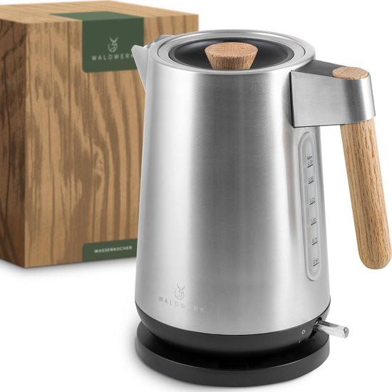 WALDWERK Design Kettle - 3000 Watt - 1.7L - Ketel roestvrij staal - Kettel met echte eiken handgrepe