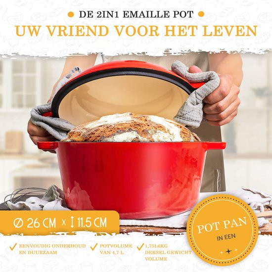 Potbrood bakken [incl. Gistingsmand] - Hoogwaardige geëmailleerde broodbakpan 26 cm rond