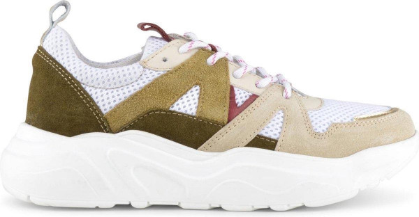 PS Poelman Year Dames Leren Chunky Runner Sneaker - mt 41 - van Mesh en Suéde - Beige Kaki Groen