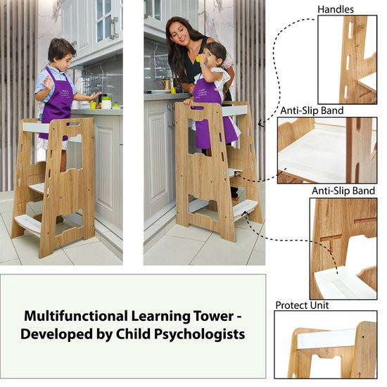 Montessori Leertoren Hout Naturel - Learning Tower - Opstapje - Keukentoren - Keukenhulp