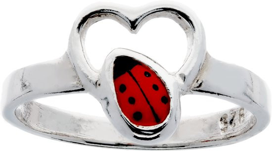 Lilly ring met hart - lieveheersbeest - zilver - rood - Maat 13.25