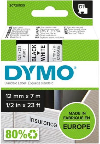Dymo D1 labeltape - 12 mm x 7 m - Zwart op wit