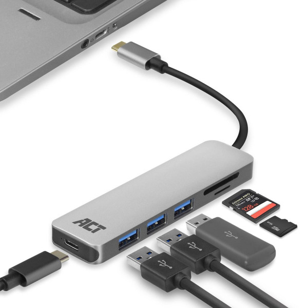 ACT USB C Hub – 3-port USB 3.0 – 1-port USB C 55W PD – Micro SD/TF Kaartlezer - Premium aluminium be