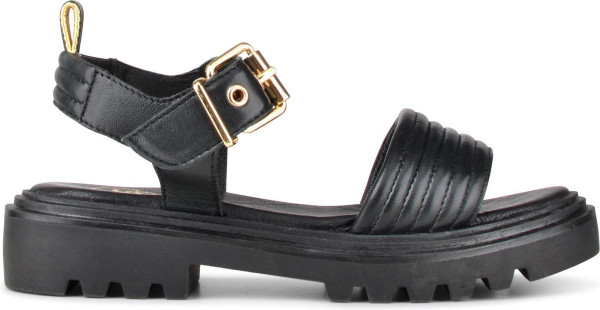 PS Poelman SATURNOS Dames - Maat 39 - Leren Chunky Plateau Sandalen met Gouden Details - Zwart