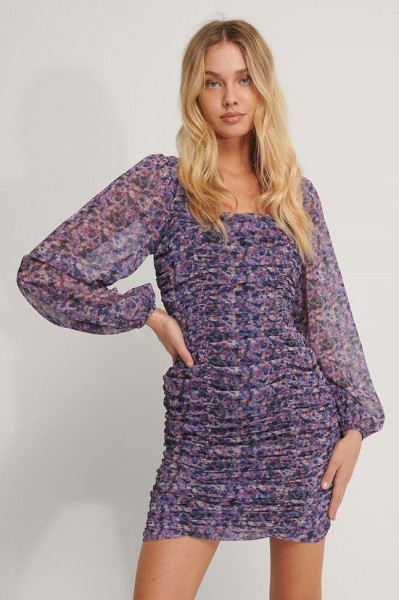 NA-KD - Maat EU 38 - Square Neck Gathered Chiffon Vrouwen Jurk - Blue Flower