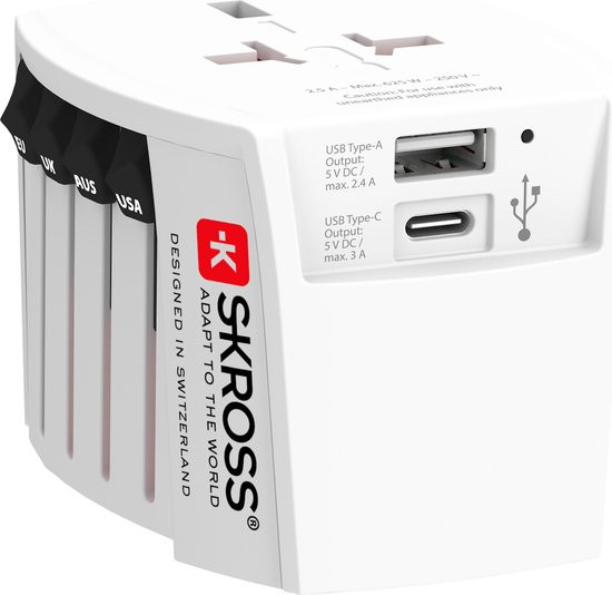 Skross - World Travel Adapter 2-pole + 1 USB Charger + 1 Type C 2400 mA White